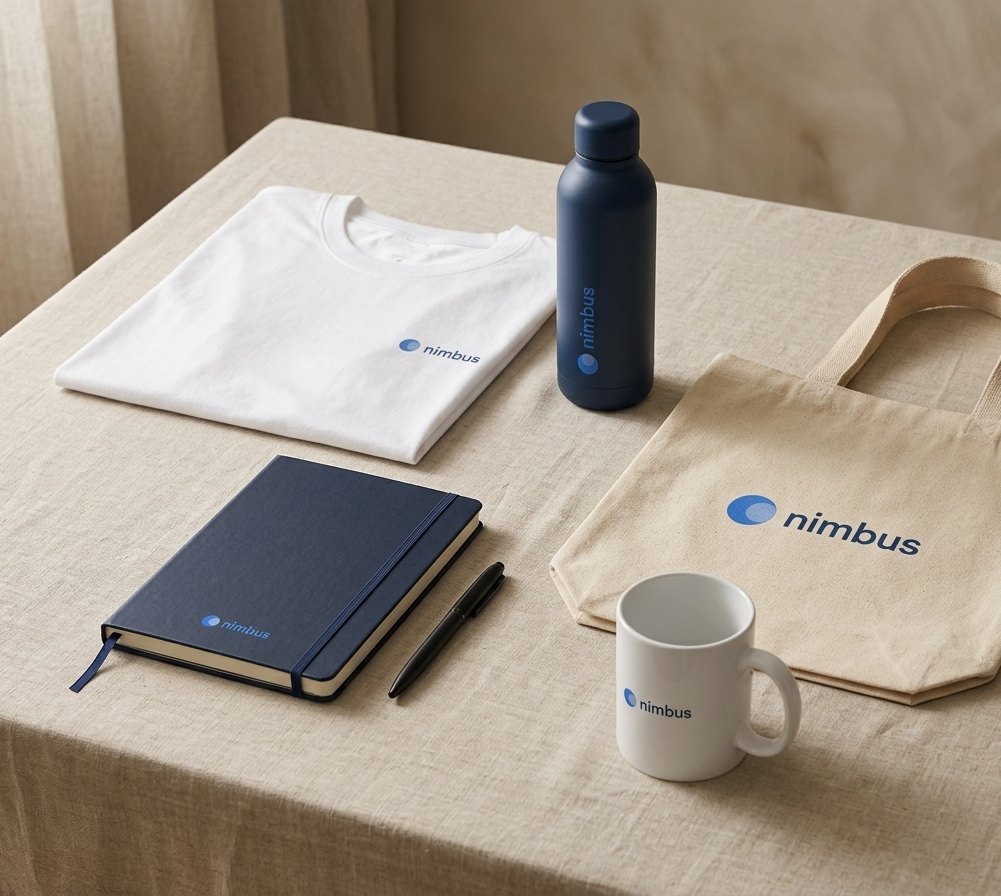 A corporate kit of tee, steel bottle, notebook, pen, tote and mug, all printed with a company logo