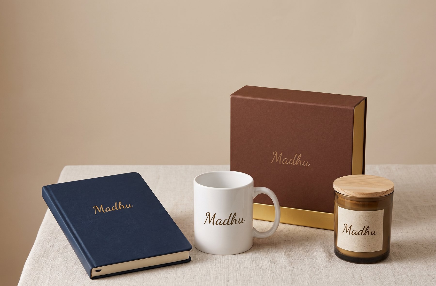 A navy notebook, white mug, candle and brown gift box, each printed with the name Madhu